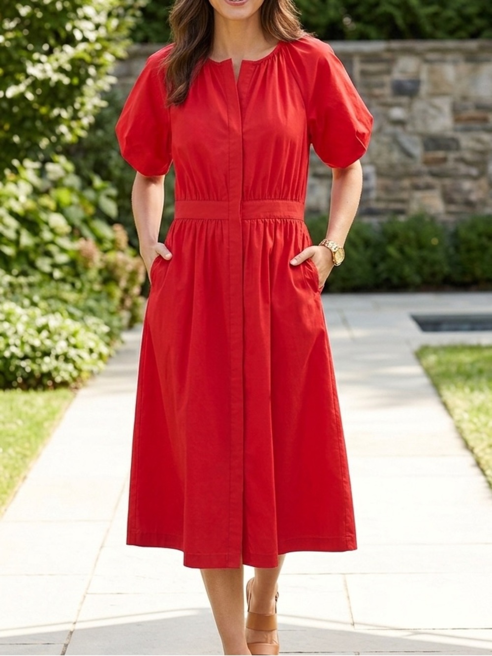Brooks Brothers Red Fleece Red Cotton Poplin Puff Sleeve Midi Dress 10